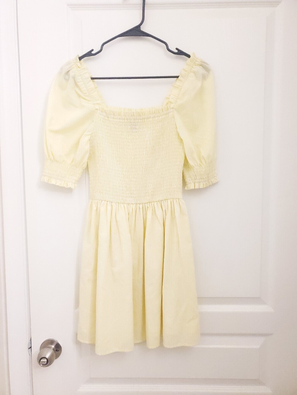 Aqua Pale Yellow Smocked Puff-Sleeve Dress
